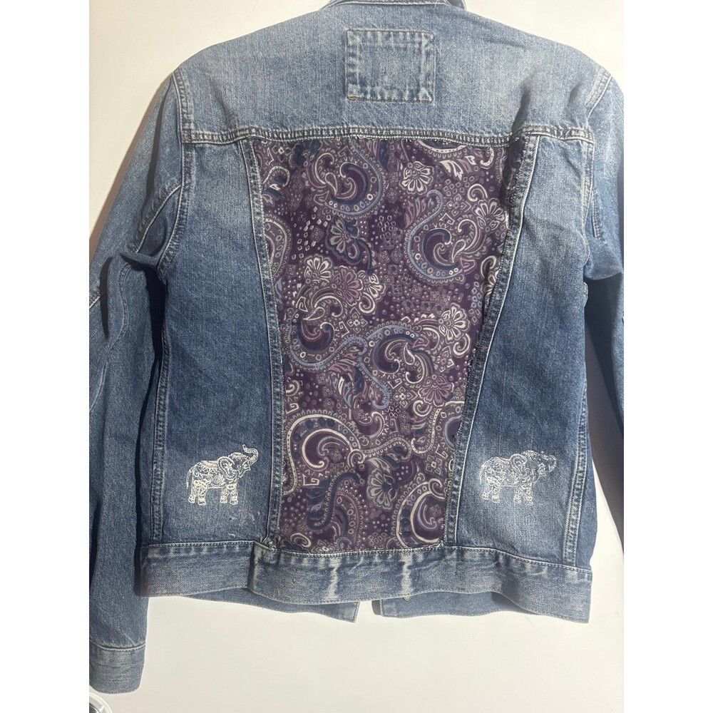 Express reworked Jean  Jacket w/ Paisley Fabric Insert Elephant embroidery